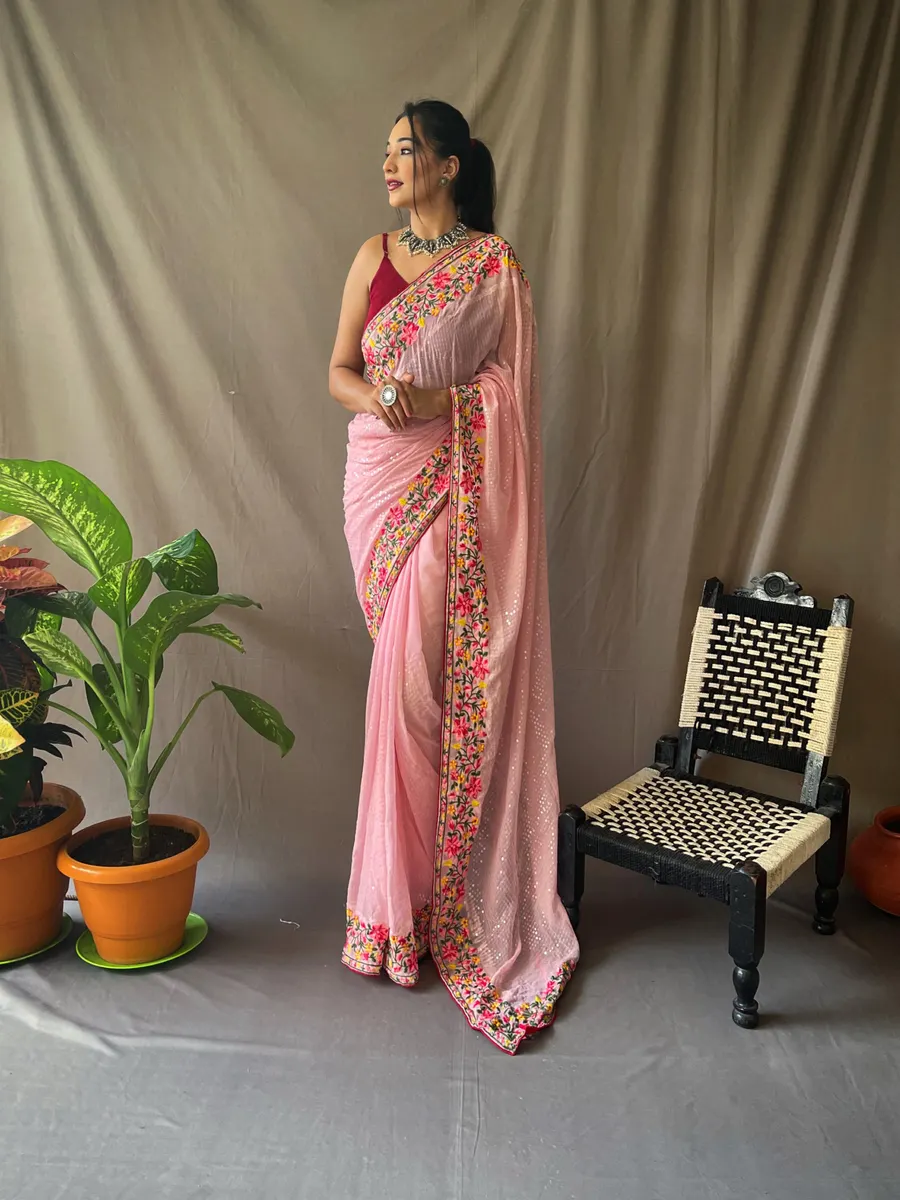 Pure Georgette Saree with 5 mtrs  Sequence Work & Contrast Banglori Silk Blouse